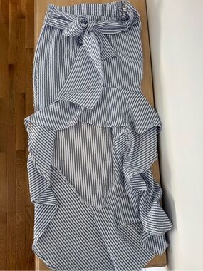 VENUS Blue and White Striped High-Low Ruffle Skirt with Tie Waist